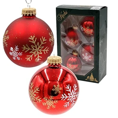 Afbeelding van Dekohelden24 Lauschaer Kerstboomversiering, set van 4 glazen ballen in rood mat en glanzend, met de hand versierd sneeuwvlokken, gouden kroontjes, diameter ca. 7 cm, wit