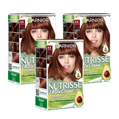 Afbeelding van Garnier Nutrisse Creme Coloration Chocoladebruin, 45 kleuren voor haar permanente haarkleur (met 3 voedende oliën) verpakking van (3 x 1 stuks)