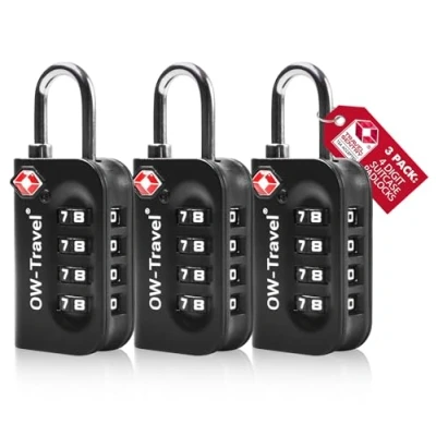 Afbeelding van OW Travel TSA Slot. Hangslot met cijfercode. Cijferslot 4 cijfers. Bagageslot Cijfercodeslot. Cijfersloten voor koffer rits bagage tas rugzak gymkluisje. Kofferslot cijfercode Zwart 3 Stuks