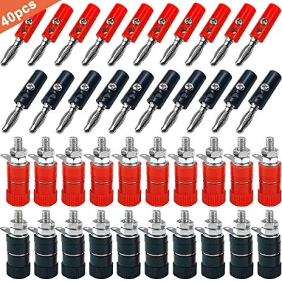 Afbeelding van QitinDasen 40 stuks premium 4 mm banaanstekker socket connector kit: 20 vernikkelde + bindpaalterminal, voor luidspreker, audio/video ontvanger, versterkersystemen (rood