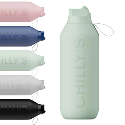 Afbeelding van Chilly&#039;s Series 2 Flip fles met sport deksel, telescopisch rietje en nylon draaglus Gemakkelijke inclusief reinigingsborstel 500ml Lichen Green