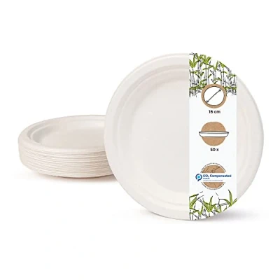 Afbeelding van GREENBOX Wegwerp wegwerpservies, 50 stuks suikerrietborden, wit, rond, gebleekt, 18 cm, biologisch dinerborden, wegwerpborden, partyborden, wegwerpservies