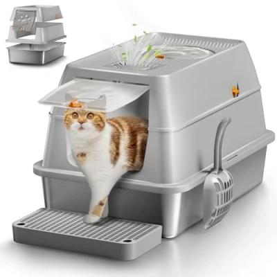 Afbeelding van XXL roestvrijstalen kattenbak, geurvrij, met deksel, grote kattenbak van roestvrij staal, gesloten kattentoilet, lekvrij en gemakkelijk te reinigen, grijs