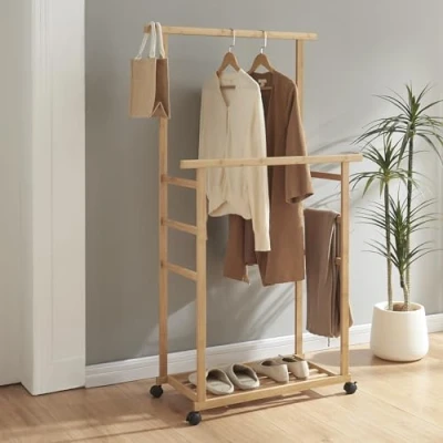 Afbeelding van [en.casa] Bamboe kledingrek Ilmajok op wielen 147x70x36 cm houtkleurig
