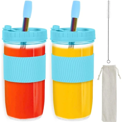 Afbeelding van Bubble Tea Bekers, 2 stuks, 730 ml, Set met deksel en rietje, herbruikbare lekvrije Mason Jars voor milkshakes, sappen, smoothies, bier enz. (blauw)