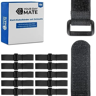 Afbeelding van Klittenband met gesp, 10 stuks, 60 cm lang, in zwart, nylon kabel Klittenband, gesp hersluitbare kabelorganiser, kabelbinders klemkabelriem