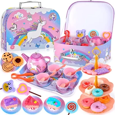 Afbeelding van ENCOUN Theeservies voor kinderen, 48 stuks, speelgoed, diner keukenaccessoires, speelgoed kinderen en meisjes om keukentje te spelen, 3, 4, 5, 6, 7 jaar