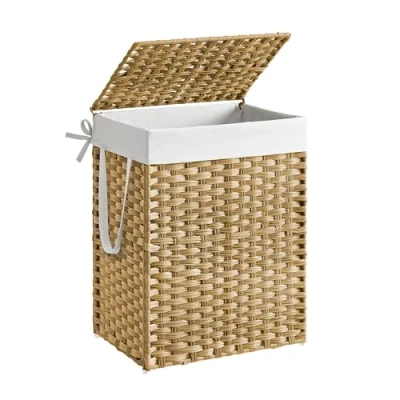 Afbeelding van SONGMICS Handgeweven wasmand, 90 liter, synthetische rotan, wasmand met deksel en handgrepen, opvouwbaar, verwijderbare voeringzak, natuurlijke ULCB51NL