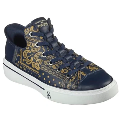 Afbeelding van Skechers Unisex Handsfree Slip ins x Dogg Snoop ONE Double G Sneaker, Navy/Gold Bandana Print Leer, 5.5 UK, Navy Gold 39 EU