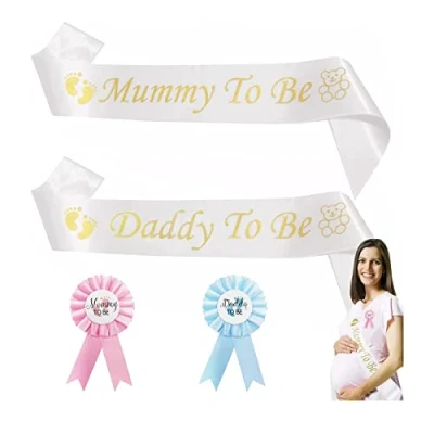 Afbeelding van 4 stuks babyshower sjerpen badge set, 2 Mummy Daddy to be sjerp mama papa speldjes baby shower decoratieset