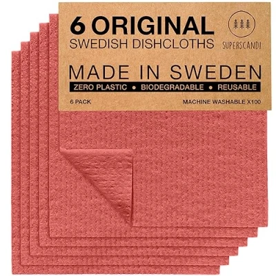 Afbeelding van SUPERSCANDI Zweedse vaatdoeken, herbruikbare biologisch afbreekbare cellulosesponsreinigingsdoeken voor keuken, vervangende washandjes papieren handdoeken (6 stuks, 6 stuks kastanjebruin)