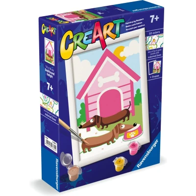 Afbeelding van Ravensburger CreArt E serie Classic: Modieuze hond, schilderen op nummer, bevat een voorgedrukte plank, kwast, kleuren en accessoires, creatieve set voor jongens meisjes vanaf 7 jaar