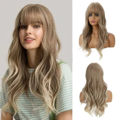 Afbeelding van OUFEI 24 Inches Ash Blonde pruiken met Pony&#039;s voor Vrouwen Natuurlijke Synthetische Golvende Hittebestendig Haar Lange Dagelijkse Feestkleding