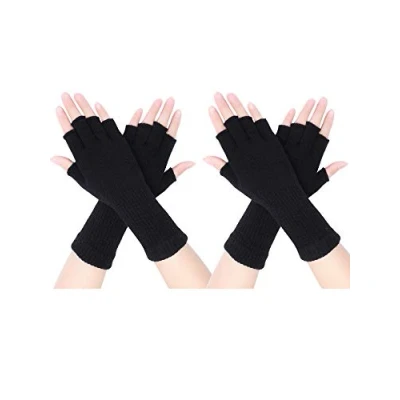 Afbeelding van 2 paar uniseks vingerloze handschoenen halve vinger rekbaar gebreide verlengen pols winter warme handschoenen, zwart