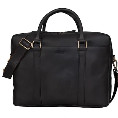Afbeelding van LEABAGS Lederen aktetas voor heren en dames, echt leer, laptoptas tot 16 inch, schoudertas met schouderriem, schoudertas, messenger bag, werktas, lerarentas, choco, Medium, Boheems, Gedeconstrueerd,