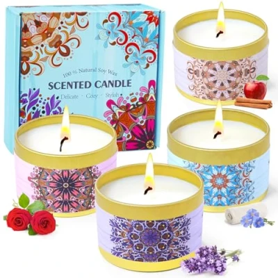 Afbeelding van Kaarsen Cadeaus voor Vrouwen, Geurkaarsen, Geurkaars Gift Set Pack van 4, Soja Wax, Travel Tin Candle Lichaamsontspanning, Aromatherapie, Bad, Yoga, Moederdag, Valentijnsdag, Verjaardag