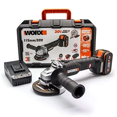 Afbeelding van Worx 115 mm accu haakse slijper, borstelloos, 20 V, PowerShare, WX813, inclusief 1 x 4 Ah accu, oplader en koffer, borstelloze motor, slank lichaam voor betere grip