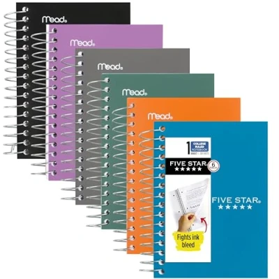 Afbeelding van Five Star Spiraal notitieboeken, 6 stuks, Fat Lil&#039; Pocket Notebooks, College gelijnd papier, 3 1/2&quot; x 5 1/2&quot;, klein, 200 vellen, paars, oranje, groen, blauw, grijs, zwart (38027)