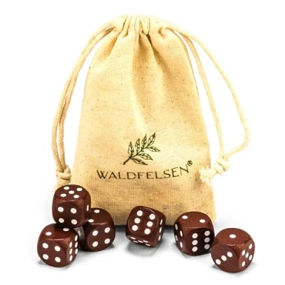 Afbeelding van Waldfelsen 6, 12, 20, 30 of 50 hoogwaardige houten dobbelstenen van echt beukenhout, 16 mm standaard met stoffen zak, kubusset (bruin, 6 stuks)