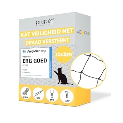 Afbeelding van PiuPet® kattennet versterkt I 12 x 3 m zwart bevestigingsset inclusief voor balkon zonder boren raam kattenrooster