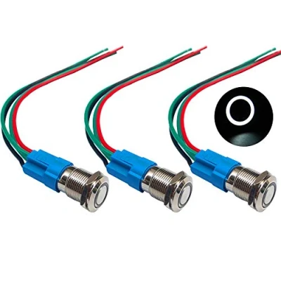 Afbeelding van QitinDasen 3 Stks Premium 12V/24V 3A Momentary Drukknopschakelaar, 12mm Auto Ontsteking Starter Schakelaar, Wit LED Licht Roestvrij Staal IP66 Waterdichte Schakelaar met Socket Plug Draad