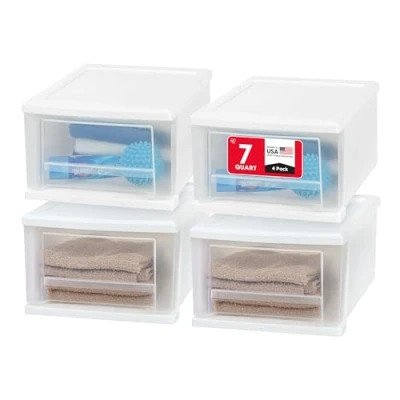 Afbeelding van IRIS USA 7 Qt. Plastic stapelbare opbergladen, klein, 4 stuks, multifunctionele bakken voor slaapkamer, badkamer, kast, knutselkamer, garage, kinderkamer, kantoor, bijkeuken, onder gootsteen, wit