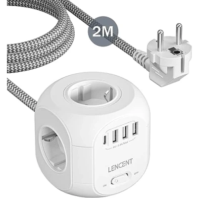Afbeelding van LENCENT 4 Voudige Stekkerdoos Cube met Gevlochten Kabel, 8 in 1 Stopcontact 3 USB A &amp; Type C, 2M Kabel Power Strip, 4000W Meervoudige Verlengsnoer Schakelaar, Thuis Verdeelstekker