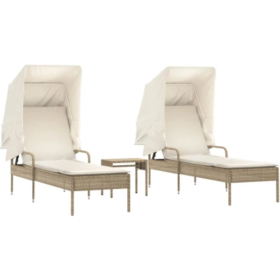 Afbeelding van vidaXL Ligbedden 2 st met luifels en tafel poly rattan beige
