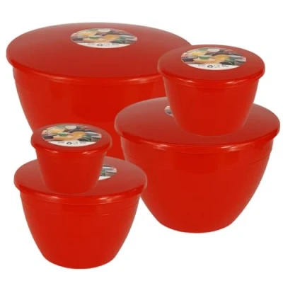 Afbeelding van Just Pudding Basins Rode ruimtebesparende set plastic stoompuddingkommen en deksels, 5 populaire maten tot 3 pinten