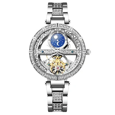 Afbeelding van RORIOS Dameshorloge, automatisch horloge, mechanische horloges, oplichtend horloge met leren armband, modieus, waterdichte dameshorloges, zilver A