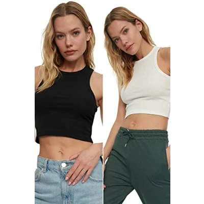 Afbeelding van Trendyol Zwart Wit 2 Pack Aansluitend Cropped Halternek Geribbeld Elastisch Gebreid Ondershirt Twoss21Al0058