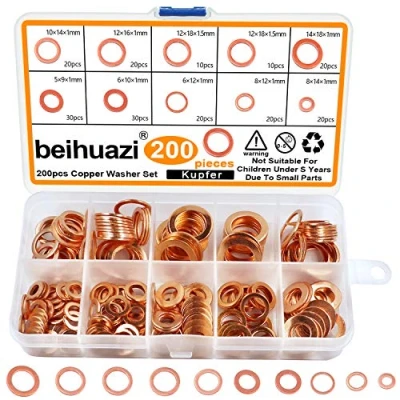 Afbeelding van beihuazi® koperen afdichtringen, ringen, 200 stuks, afdichtring, koper, sluitringen, assortiment voor motorolie (M5, M6, M8, M10, M12, M14)
