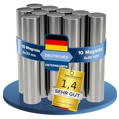 Afbeelding van 10x neodymium power magneet zilver staafmagneet extra sterk lang diameter 6x30mm sterke magneten supermagneet hechtkracht ca. 1,7 kg voor whiteboard, prikbord, magneetbord,
