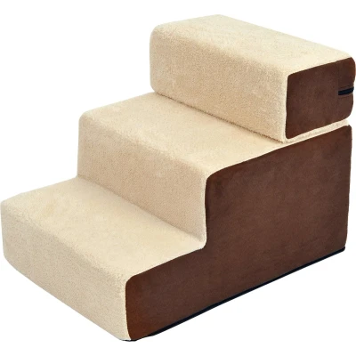 Afbeelding van PawHut Hondentrap 3 treden kattentrap huisdierentrap huisdier pluche beige D06 004