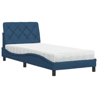 Afbeelding van vidaXL Bed met matras stof blauw 90x200 cm, bedframe, bed, enkel bedframes, bedbodem, stoffen gewelfd bedframe