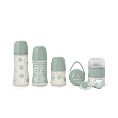 Afbeelding van Suavinex, Premium set pasgeborenen fles 150 ml + 270 360 fopspeen 0 6 maanden met fysieke zuiger SX Pro melkdispenser houder Duo broche clip groen