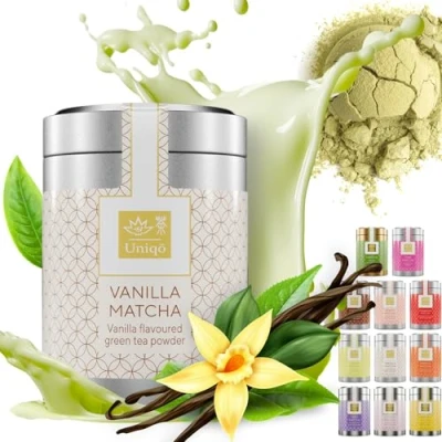 Afbeelding van Tea Uniqo Vanille Matcha theepoeder, ideaal om te drinken, voor ijs, latte, shakes, bakken of koken, Japans groene theepoeder met vanillesmaak, zonder kunstmatige kleurstoffen