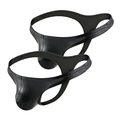 Afbeelding van Billtop Sexy string voor heren kunstleer slips bikini ondergoed pakket, 2 stuks zwart, M
