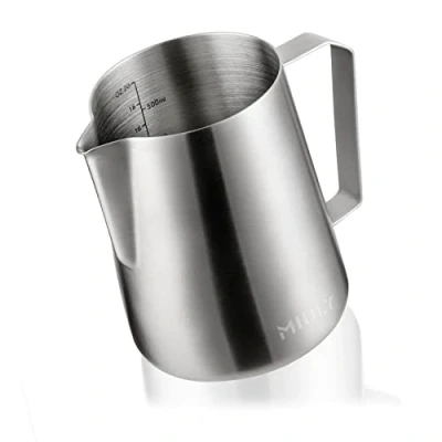 Afbeelding van MaxMiuly Melkkannetje, roestvrij staal, 600 ml, melkschuimkannetje voor melkopschuimer, cappuccino en latte art, zilver