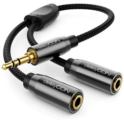 Afbeelding van deleyCON 0,20m Audio Jack Y Splitterkabel AUX Hoogwaardige Nylon Mantel 3,5mm Stekker naar 2x Bus Stereo Adapterkabel