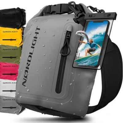 Afbeelding van Nordlight Dry Bag Waterdichte Tas met Telefoonhoes + Roll Top, Schouderriem Drybag Rugzak Pakzak Packsack Duffeltas Wetbag Zwemmen Strand SUP Kanoën Grijs, 5 Liter