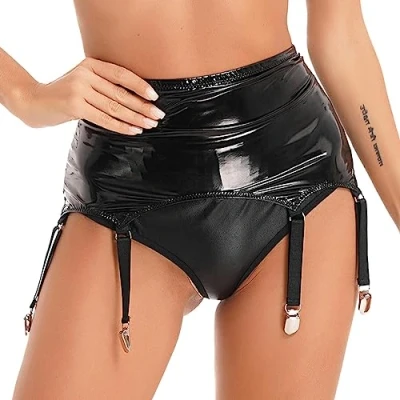 Afbeelding van VOIV Dames lakleer jarretels met metalen clips lingerie jarretelgordel jarretel set nachtkleding
