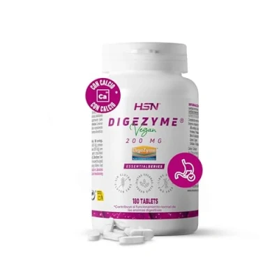 Afbeelding van HSN Digezyme 200 mg Vegan Digestieve Enzymen 180 Tabletten Digezyme® Patent (Amylase, Protease, Lactase, Lipase, Cellulase) Vertering van Eiwitten, Koolhydraten, Vetten en Cellulose