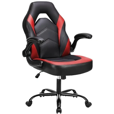 Afbeelding van Sweetcrispy Computer Gaming, ergonomische bureaustoel, instelbaar, draaibaar, taak, PU leer, racestoel met opklapbare armleuning, zwart/rood, eenheidsmaat