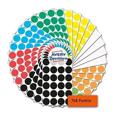 Afbeelding van AVERY Zweckform 59998 zelfklevende markeringspunten, 768 stuks, diameter 18 mm, 8 kleuren met elk 96 kleefpunten op 4 vellen, kleurcodering, ronde stickers voor kalender, planner en knutselen, papier