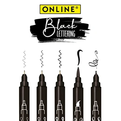 Afbeelding van Online 5 x fineliner, zwart, waterdicht, met penseelpen, fineliner punten en kalligrafiepunt, zwarte handlettering set, tekenstiften voor bullet journal, sketchnotes doe het zelf geschenken