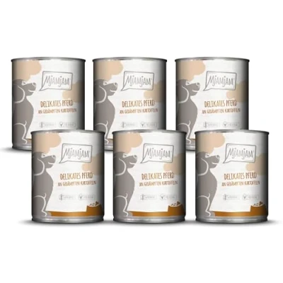 Afbeelding van MjAMjAM Premium natvoer voor honden fijn paard met gestoomde aardappelen, pak van 6 (6 x 800g), graanvrij extra vlees