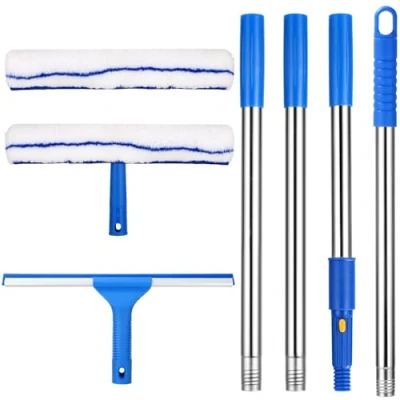 Afbeelding van Glazenwasser met telescoopsteel 150 cm, ruitenwisserset professioneel 2 in 1, siliconen ruitenwisser, microvezel ruitenreiniger, passende ruitenreinigerset voor grote ruiten, badkamer, auto