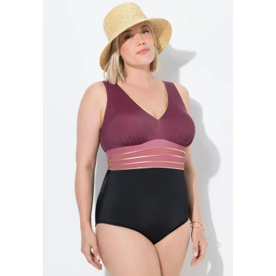 Afbeelding van Ulla Popken Dames grote maten plus size badpak Laura, gouden riem, zwart, 46