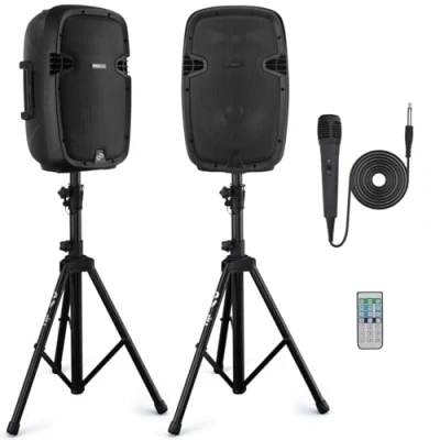 Afbeelding van Pyle Wireless Portable PA system 1000W High Powered Bluetooth Compatible Active + Passive Pair Outdoor Sound Speakers w/USB SD MP3 AUX 35mm Mount, 2 Stand, Microphone, Remote PPHP1049KT